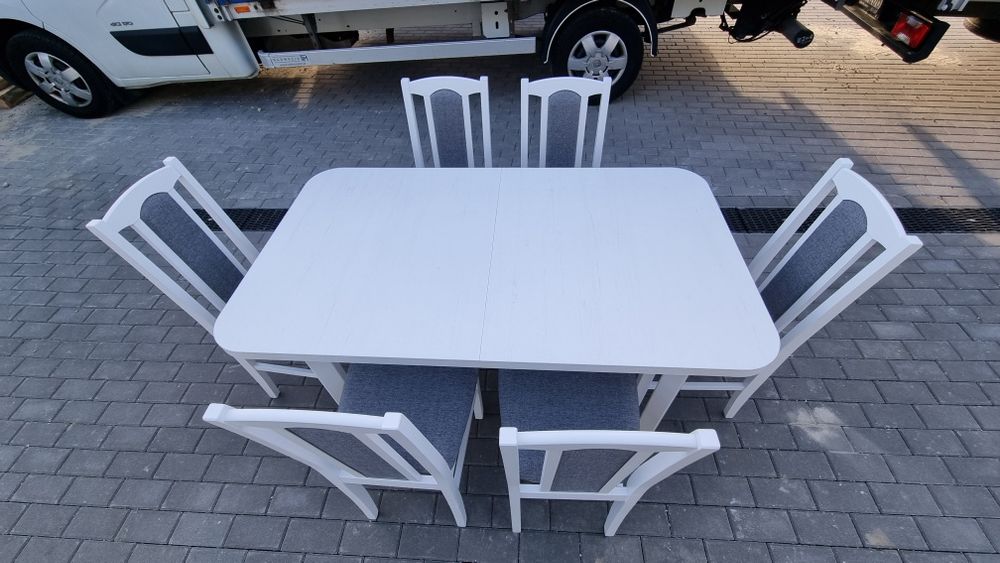 Nowe: Stół rozkładany + 6 krzeseł,  biały + szary, dostawa cała POLSKA