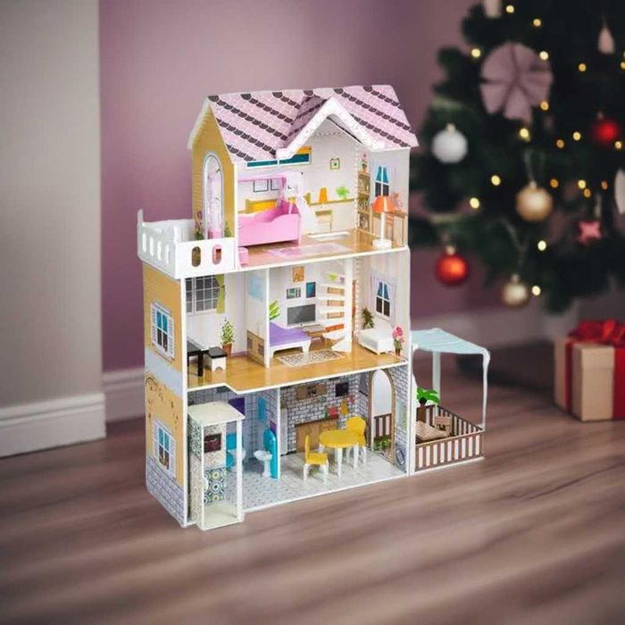 Drewniany domek dla lalek Villa Marysia 120 cm z windą i tarasem + LED