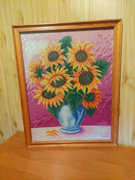 Duży obraz słoneczniki kwiaty w wazonie ręcznie haftowany handmade