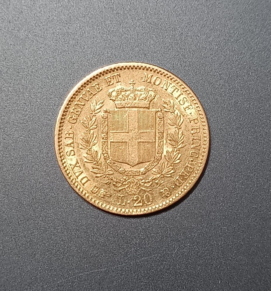 20 лир 1851, Сардиния, золотая монeта, 900 проба, отличное состояние