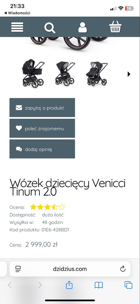 Wózek Venicci Tinum 2.0 Czarny 2w1 Bdb