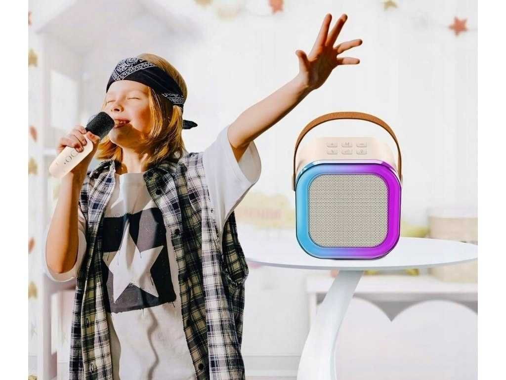 Zestaw karaoke głośnik bezprzewodowy bluetooth 2 mikrofony beżowy