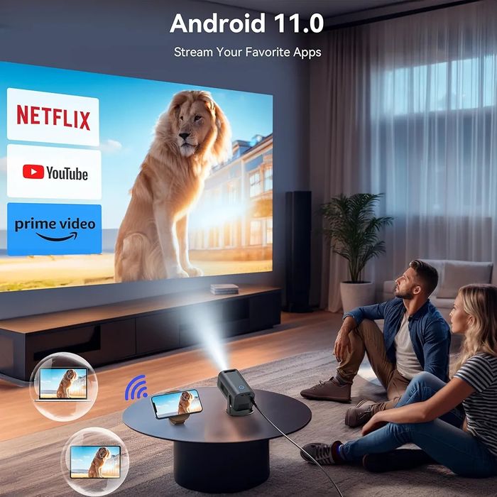 Mini Projektor 4K 1080p Android TV 11 WiFi6 BT5.2 150" 180° Obrót