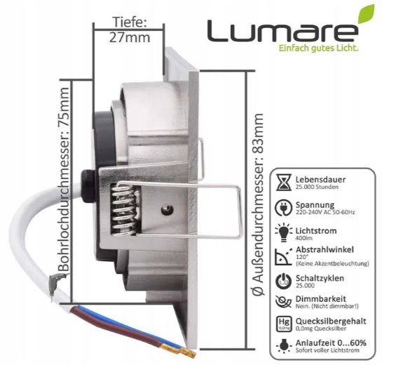 Lumare Reflektor LED do zabudowy 4 W 2700 K wodoszczelność IP44 9 SZT