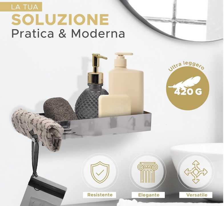 Półka łazienkowa prysznicowa z haczykami metalowa nierdzewna 10x24cm