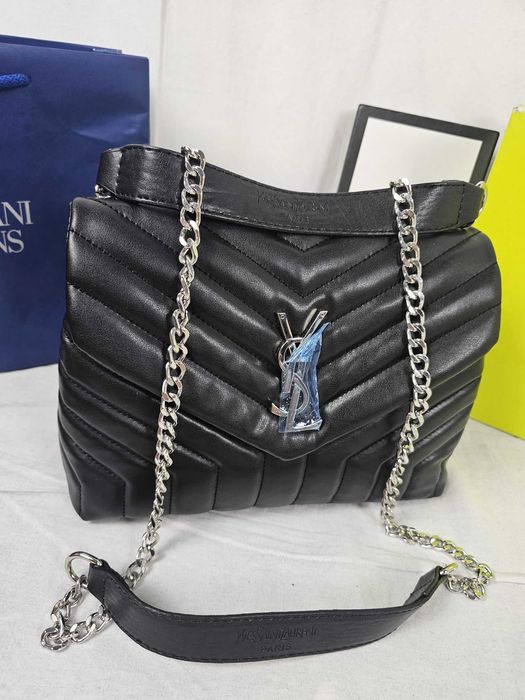 Torba listonoszka duza prazkowana damska Czarna YSL lancuszek