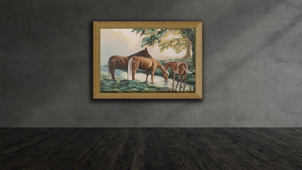 Obraz akrylowy ręcznie malowany pejzaż z końmi  60x80 cm
