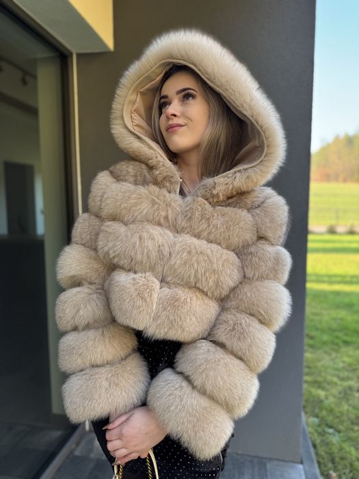 Futro 100% lis krótkie beżowe s/m kaptur naturalne premium nowe