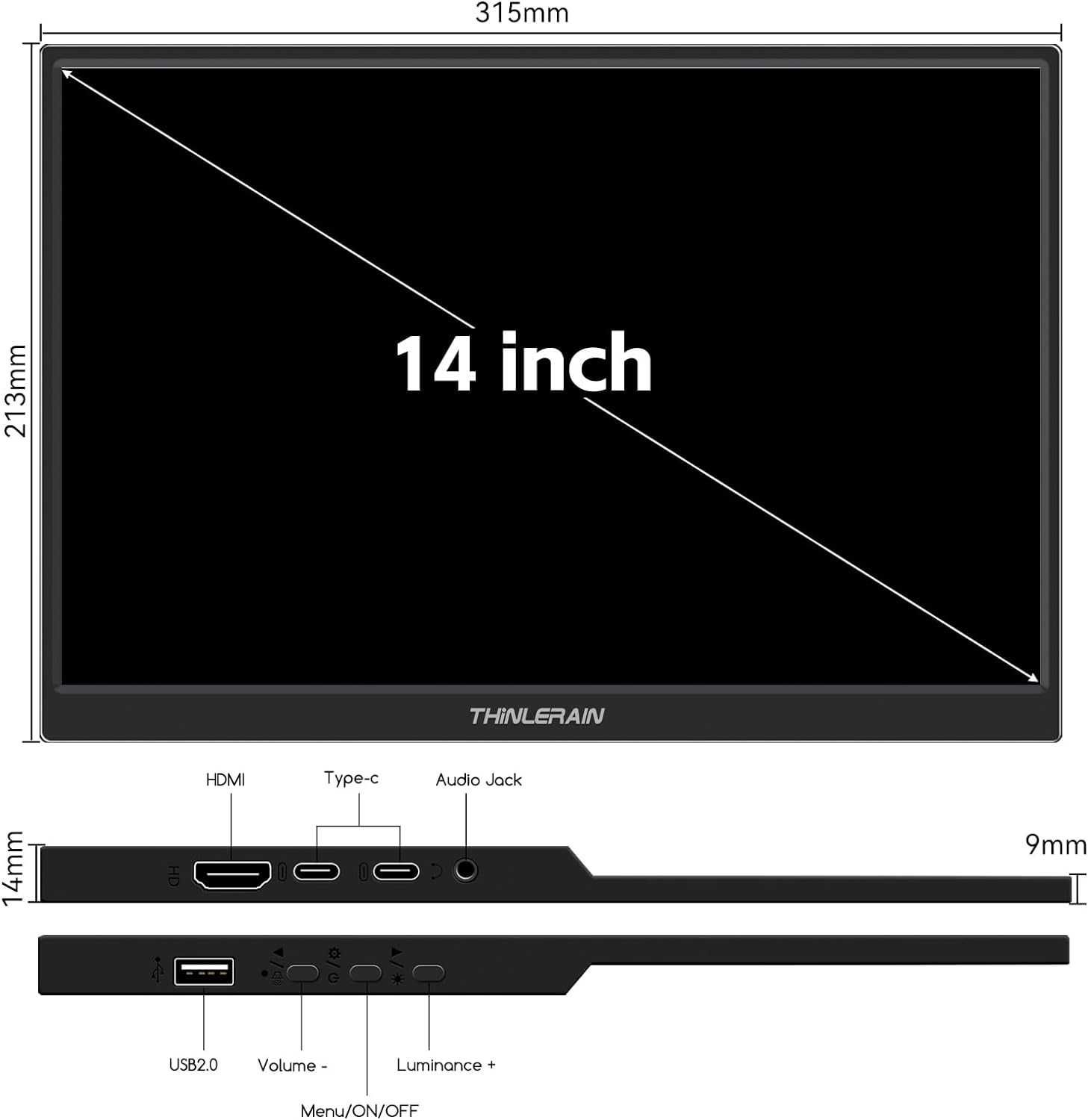 Monitor Przenośny Thinlerain 14" HD 1920x1200 IPS Pc Telefon Głośnik