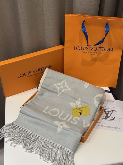Шарф Louis Vuitton сірий в коробці кашемір шовк подарунок Луі Вітон
