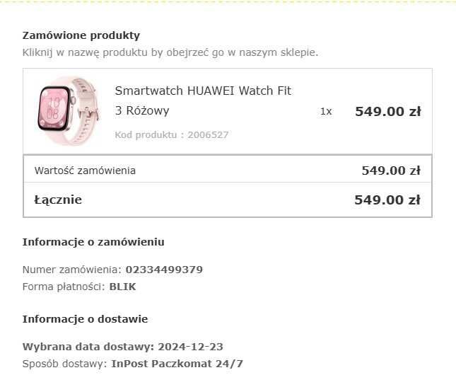 Huawei Watch Fit 3 – różowy – jak nowy!