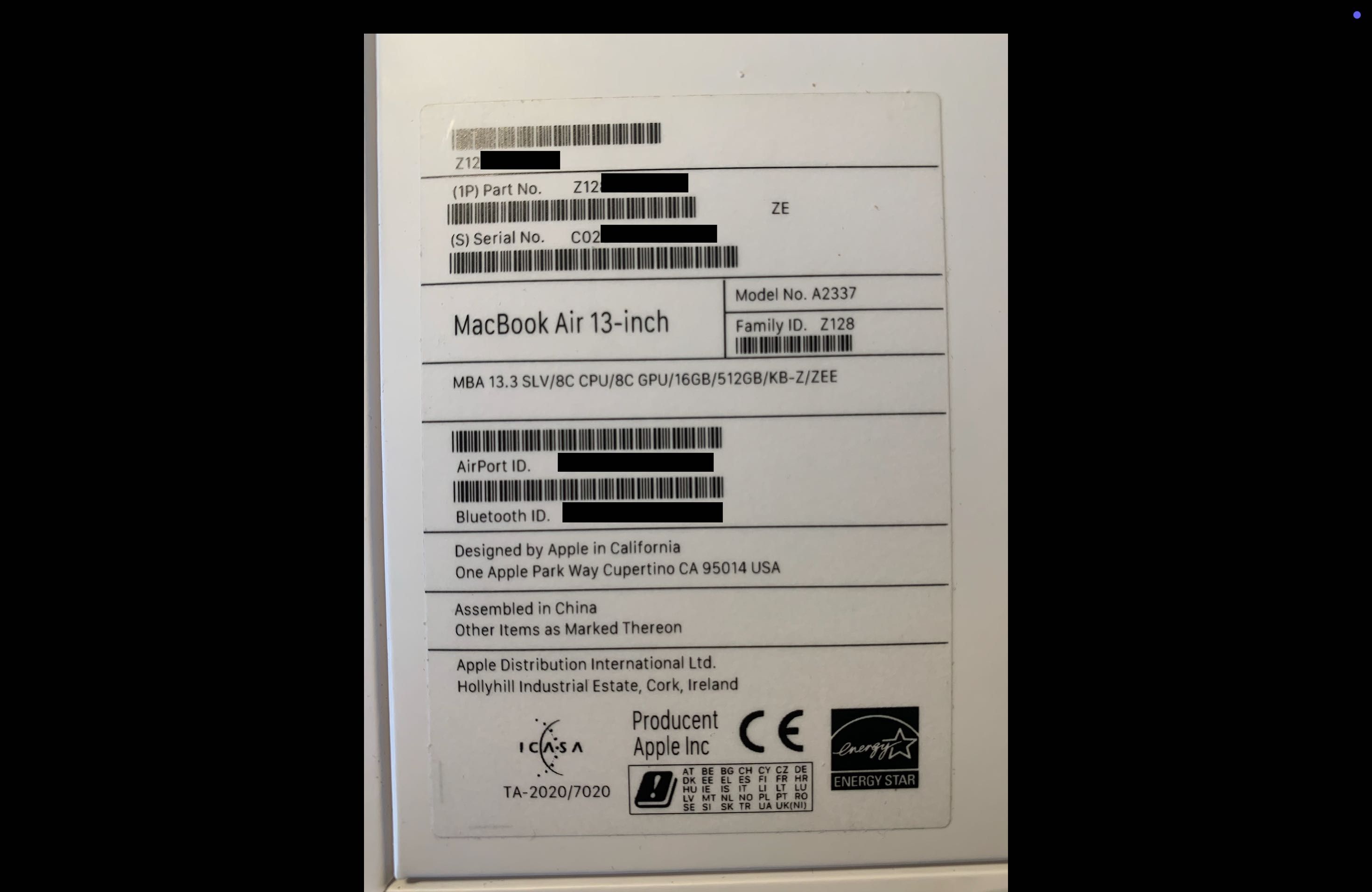 MacBook Air M1 2020 A2337 16GB RAM 512GB SSD