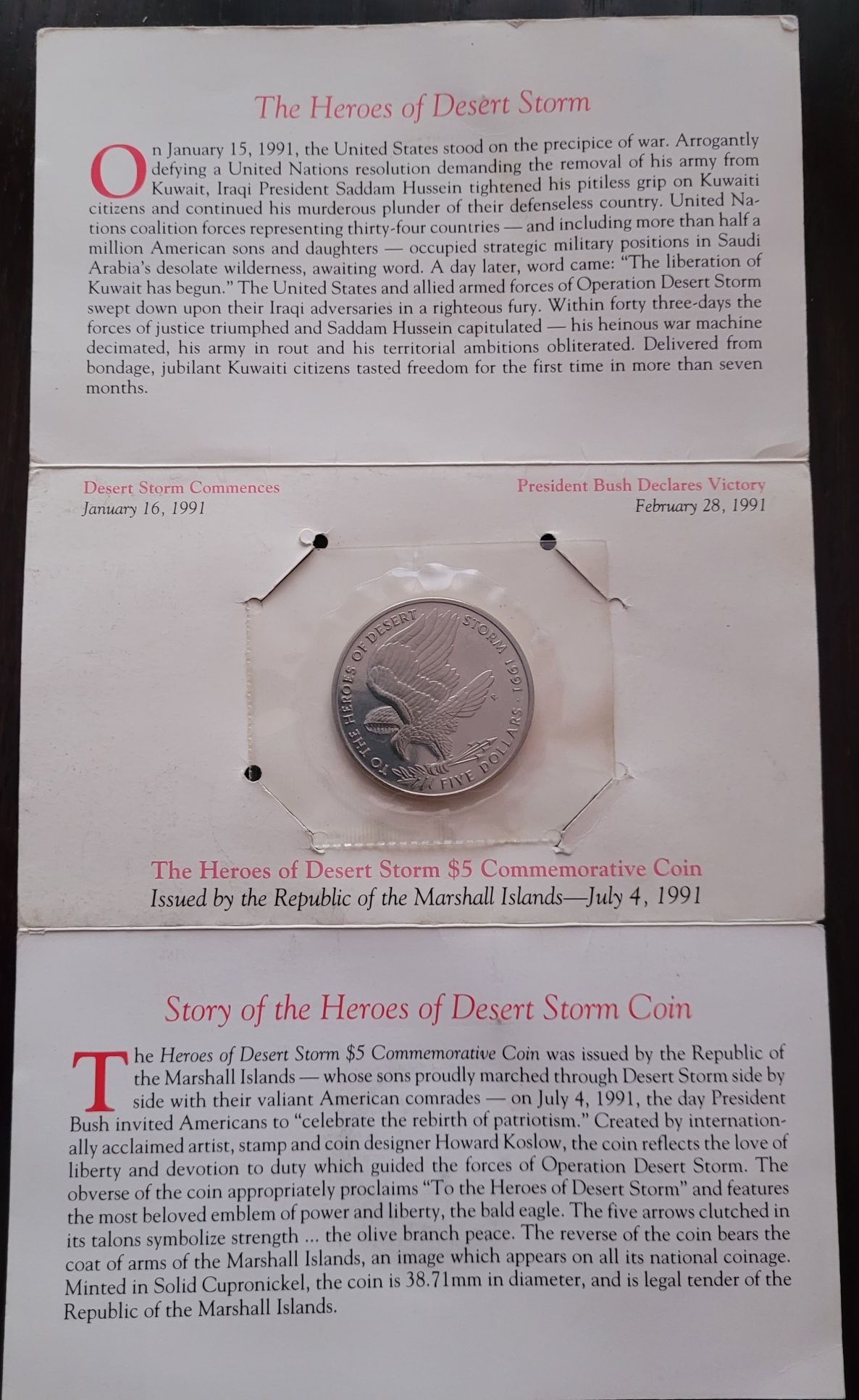 Moneta 5 dolarów 1991 Bohaterowie Pustynnej Burza - Wyspa Marshalla
