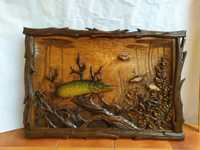Картина з дерева панно різьблене різьба по дереву картина рибалка щука