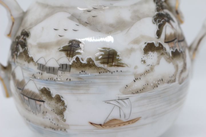 Açucareiro Porcelana Oriental Paisagem Cinza Casca de Ovo XIX