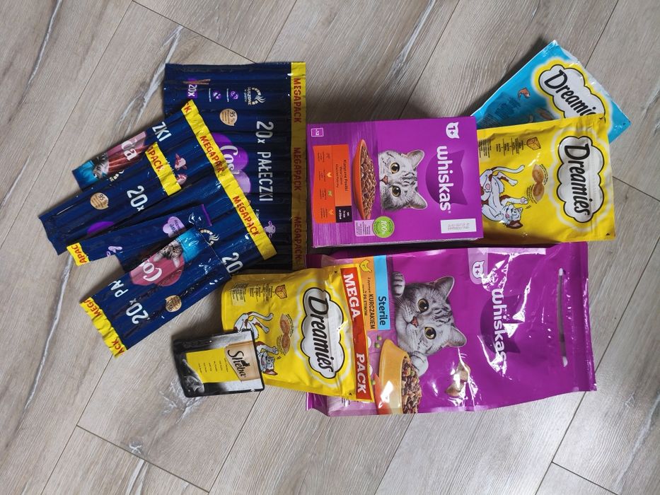 Zestaw dla kota whiskas suchy mokry, przekąski, patyczki