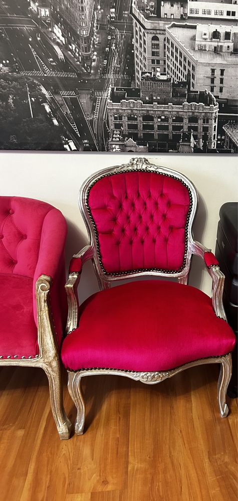 Komplet glamour welur fuksja róż sofa + krzesło/fotel