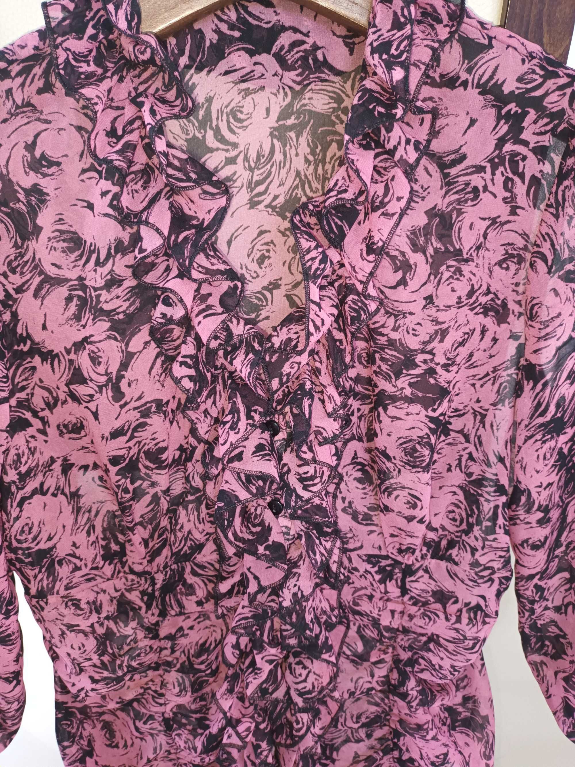 Elegancka, różowa bluzka w czarne róże, rozmiar 36, ORSAY