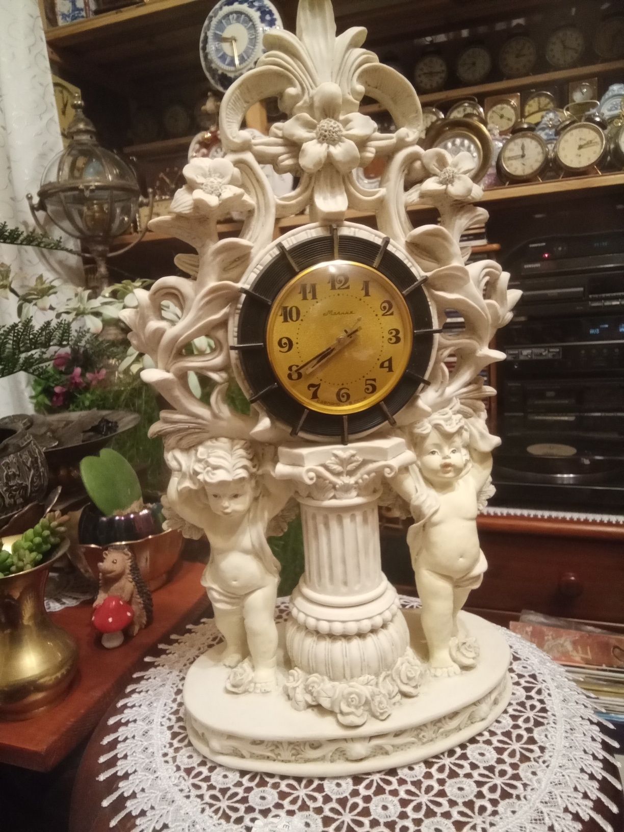 Piękny stary zegar MOŁNIA figuralny aniołki sprawny duzy 40cm