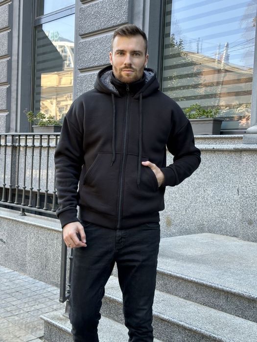 Чоловіча зимова кофта на хутрі з капюшоном 42-56 S M L Xl 2XL чорна