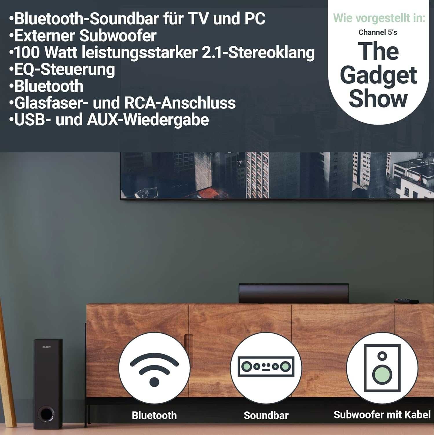 Soundbar 2.1 Bluetooth do tv, głośnik TV + pilot + subwoofer + 100W!