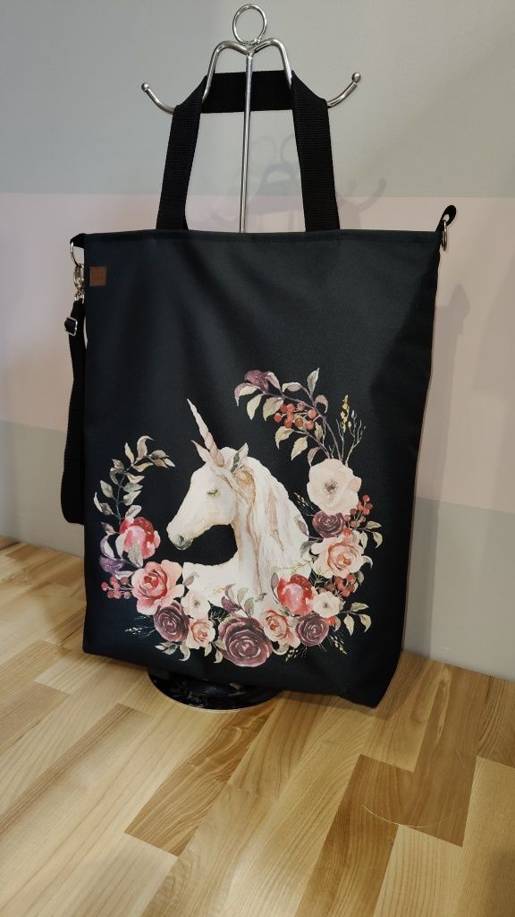 Torebka jednorożec i kwiaty torba z jednorożcem HandMade duża torba
