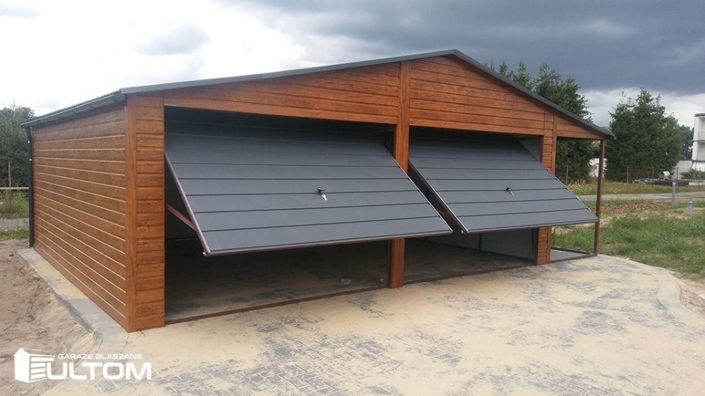 Garaż blaszany z wiatą drewnopodobny GRATIS szeroki poziomy panel
