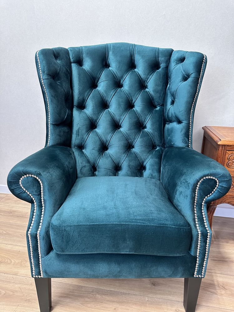ŚLICZNY fotel uszak w stylu chesterfield w NOWEJ TKANINIE :)