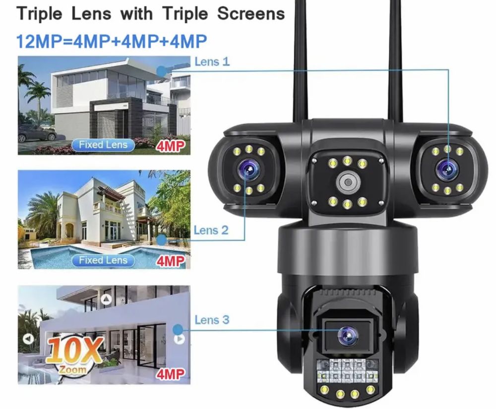 Камера V380Pro 3 екрани WiFi IP камера 12MP 6K ВУЛИЧНА PTZ відеокамера