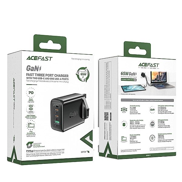 Acefast ładowarka GaN 65W 3 porty (1xUSB, 2xUSB C PD) wtyczka UK czarn