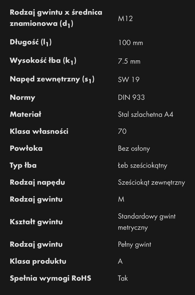 Śruba z łbem sześciokątnym i gwintem na całej długości M12x100 WURTH