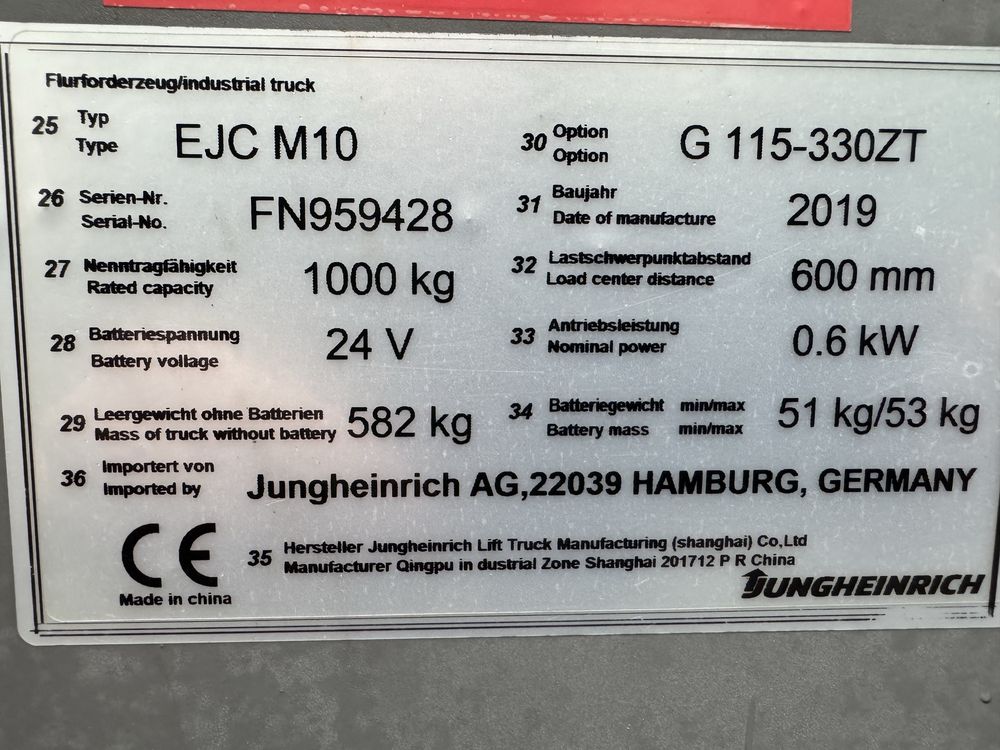 Електро штабелер Jungheinrich EJC M 10 2019