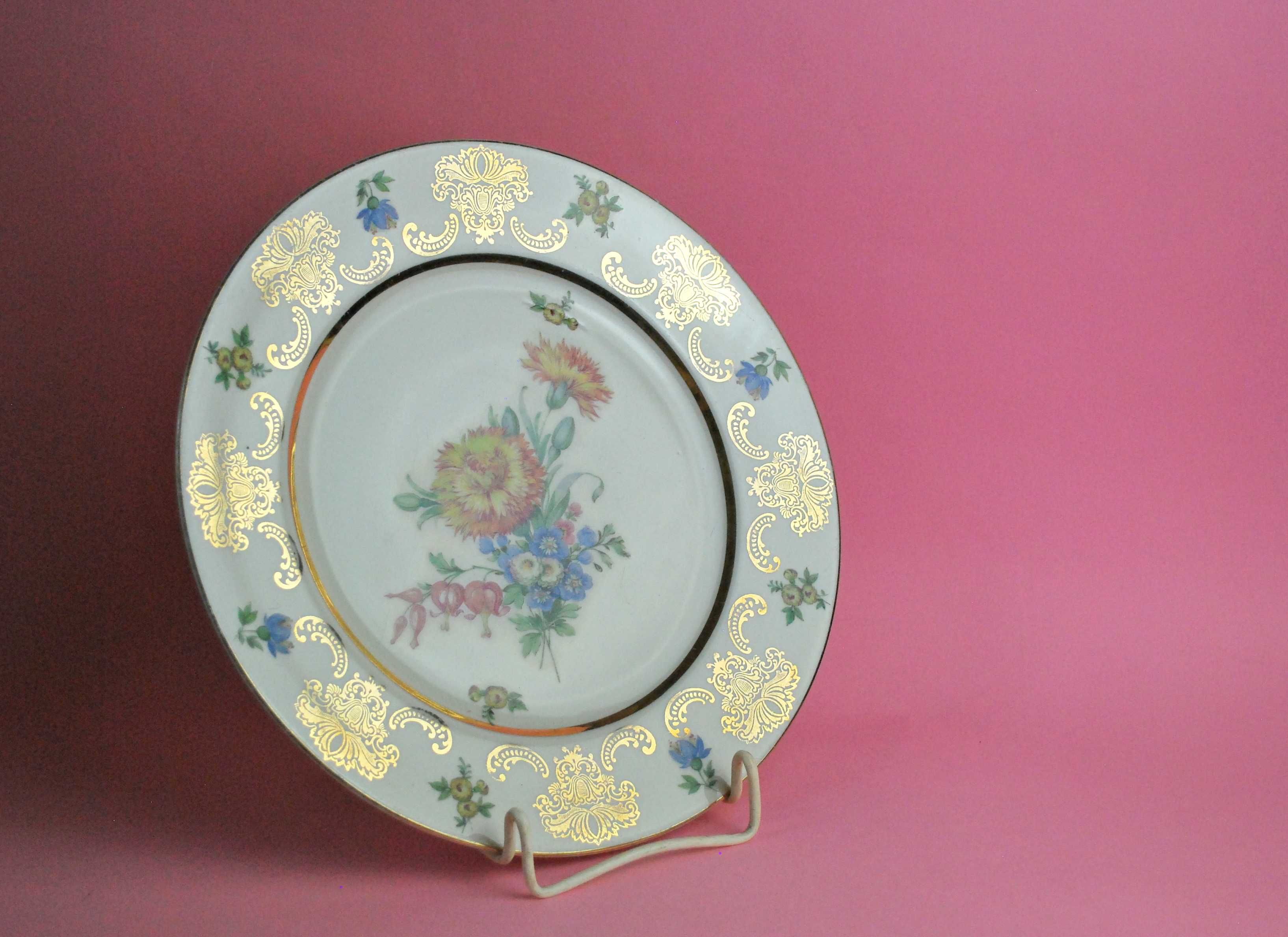 talerz porcelana patera JPM złoto kwiaty retro