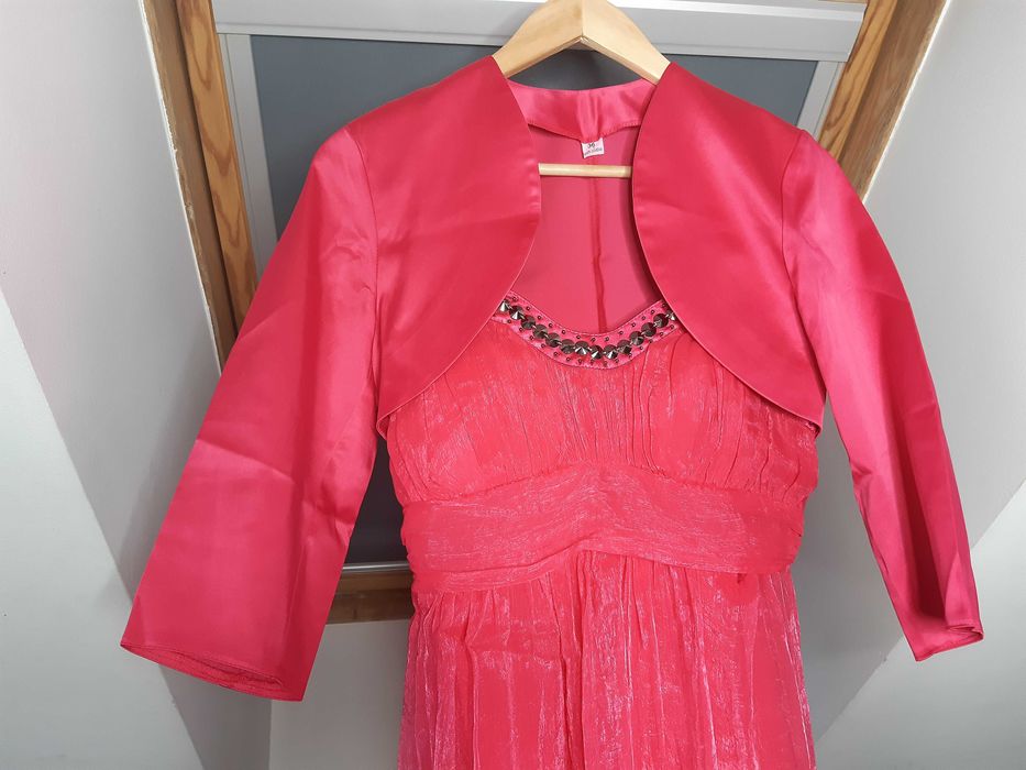 różowy komplet tiulowa sukienka krótkie satynowe bolerko ćwieki S