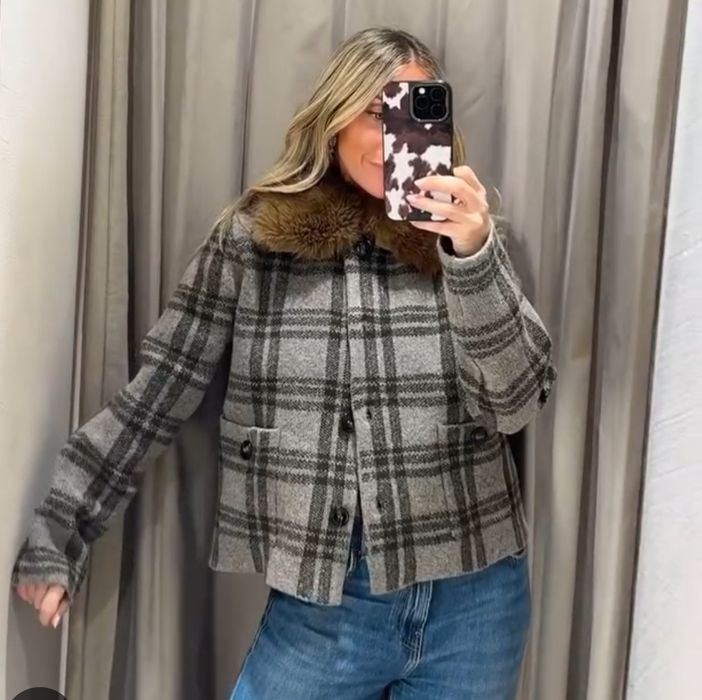 Zara Krótki Płaszcz Damski w kratkę S