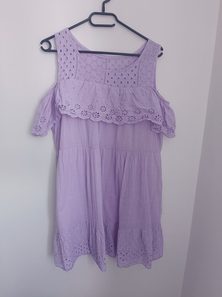 Liliowa fioletowa sukienka babydoll hiszpanka ażurowa bawełniana L/XL
