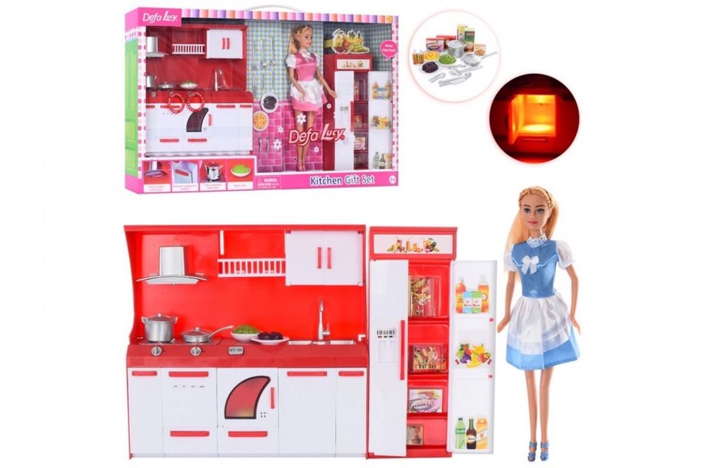 Игрушечный набор кухня с куклой DEFA 8085 холодильник, посуда, свет, р