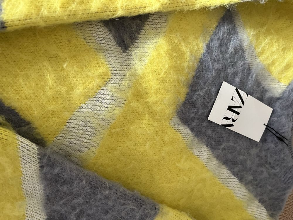 ZARA nowy sweter w stylu patchwork wlochaty żółty szary L