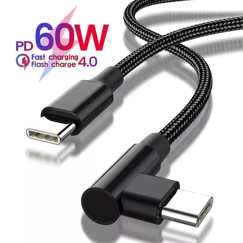 Kabel do ładowarki telefonu 2x USB-C 60W 3A szybki 480Mb/s kąt 90°