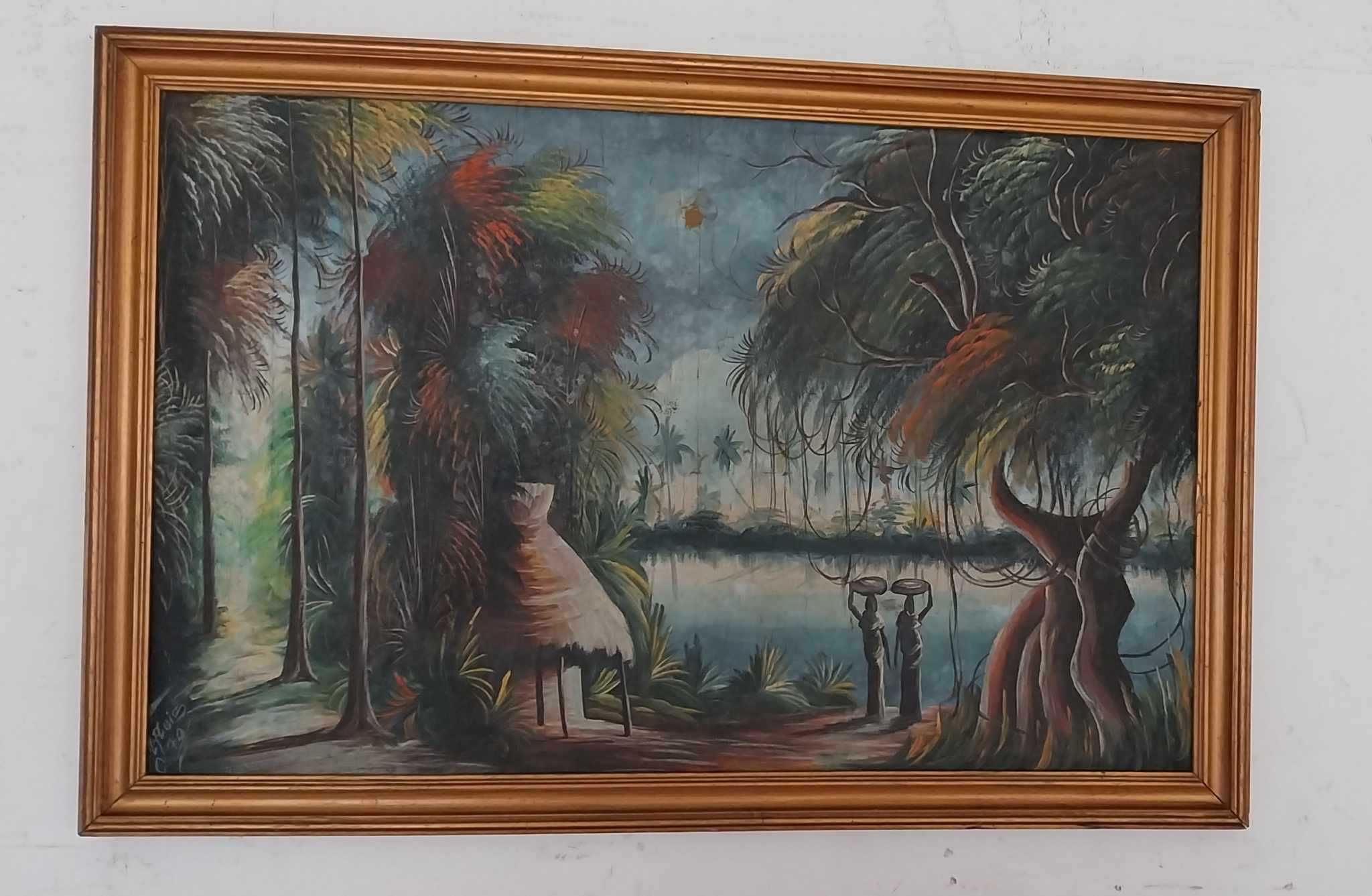 Pintura Africana sobre Platex, Assinada "R.J.Luís" e datada de 70