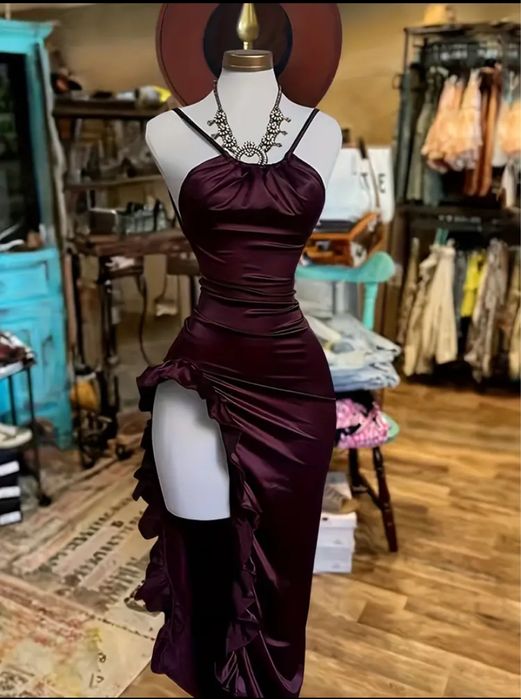 Жіноча бордова вечірня сукня-русалка - Без бретелей з бантом на спинi