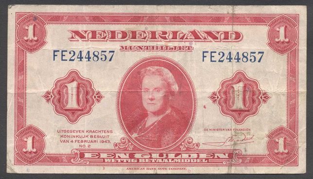 Banknot Holandia 1 Gulden z 1943 r rzadki