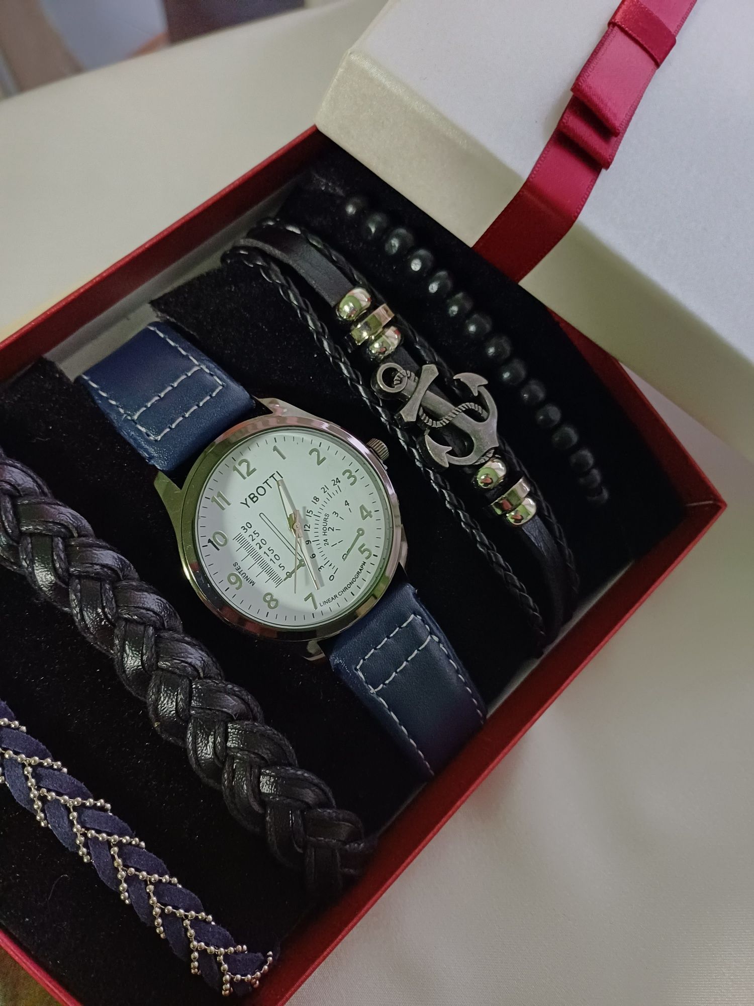 Niebieski komplet zegarek i 4 bransolety czarny- nowy
