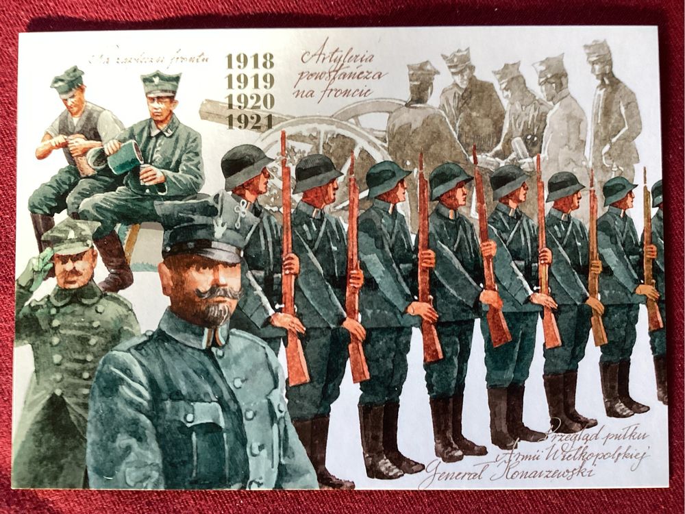Zestaw kart pocztowych z umundurowaniem żołnierzy WP z lat 1918-21.