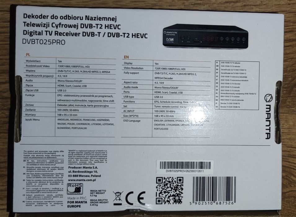 ### Dekoder DVB-T2/T/C Manta DVBT025PRO ###