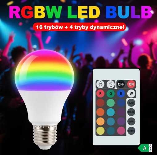Żarówka LED RGB 10W E27 + Pilot | 16 kolorów, ściemnialna, zestaw