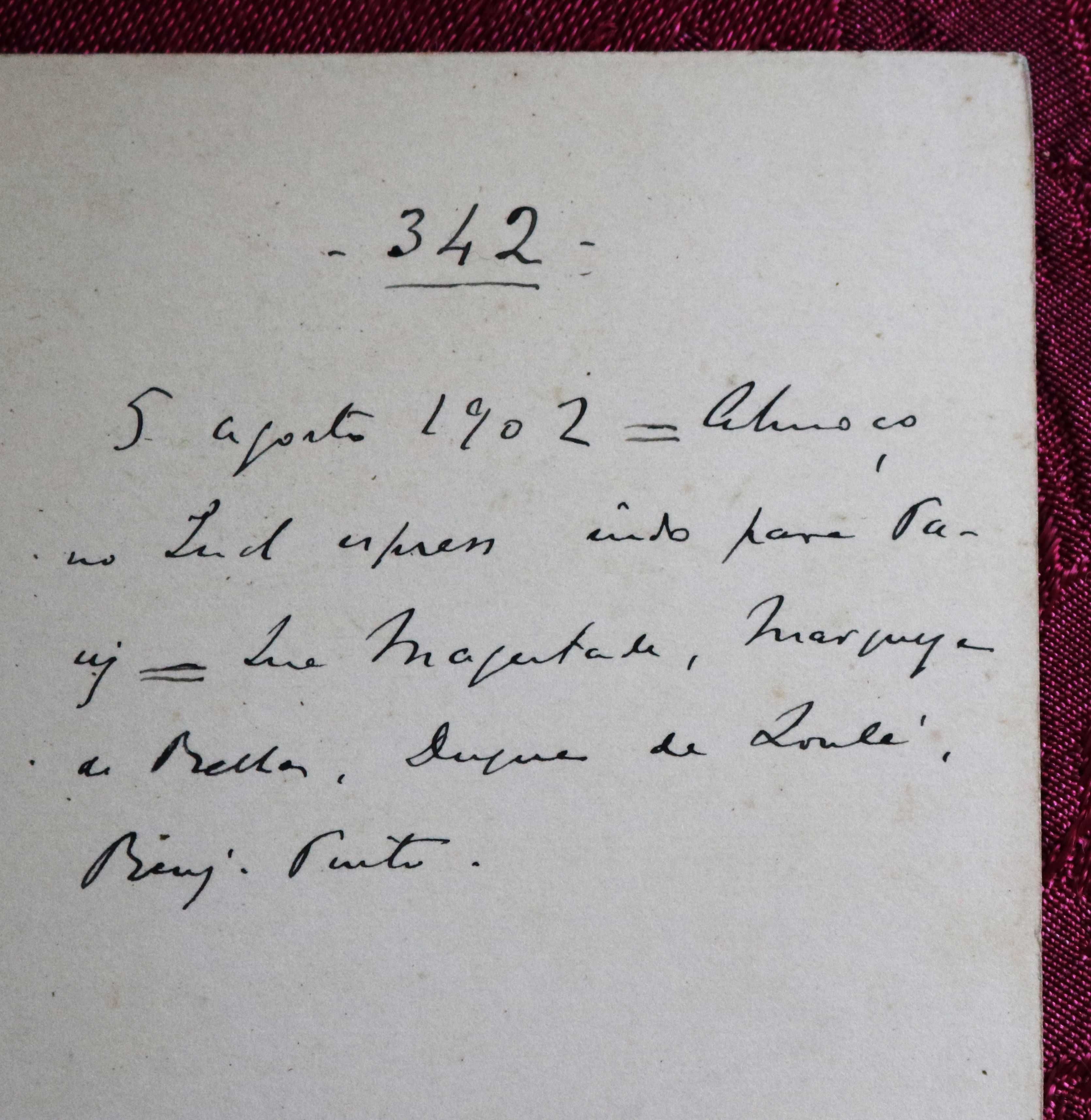 Rainha D. Maria Pia menu almoço no Sud Express para Paris 1902 raro