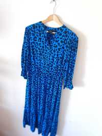 Niebieska elegancka długa sukienka w panterkę 100% wiskoza rozm. M Joh