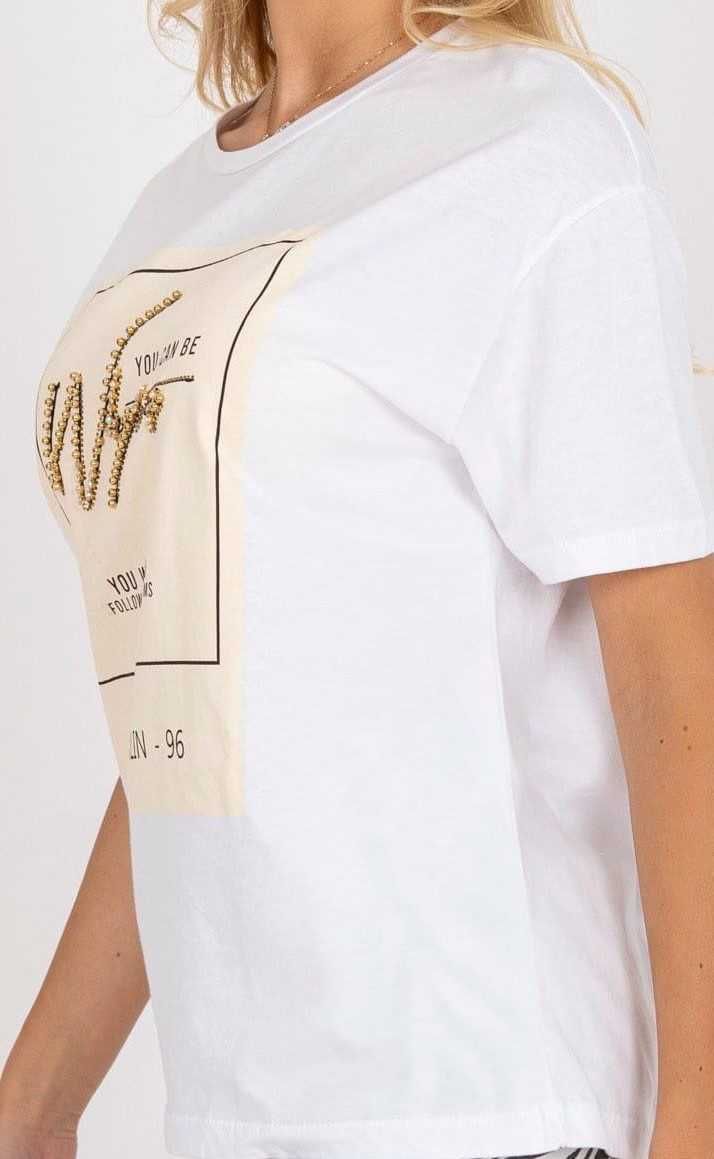 Modny bawełniany t-shirt z ozdobną aplikacją, S, M, nowa