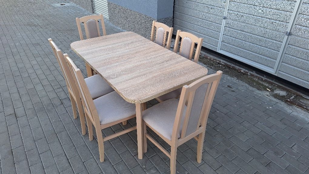 Nowe: Stół rozkładany + 6 krzeseł, sonoma + latte, od ręki, dostawa